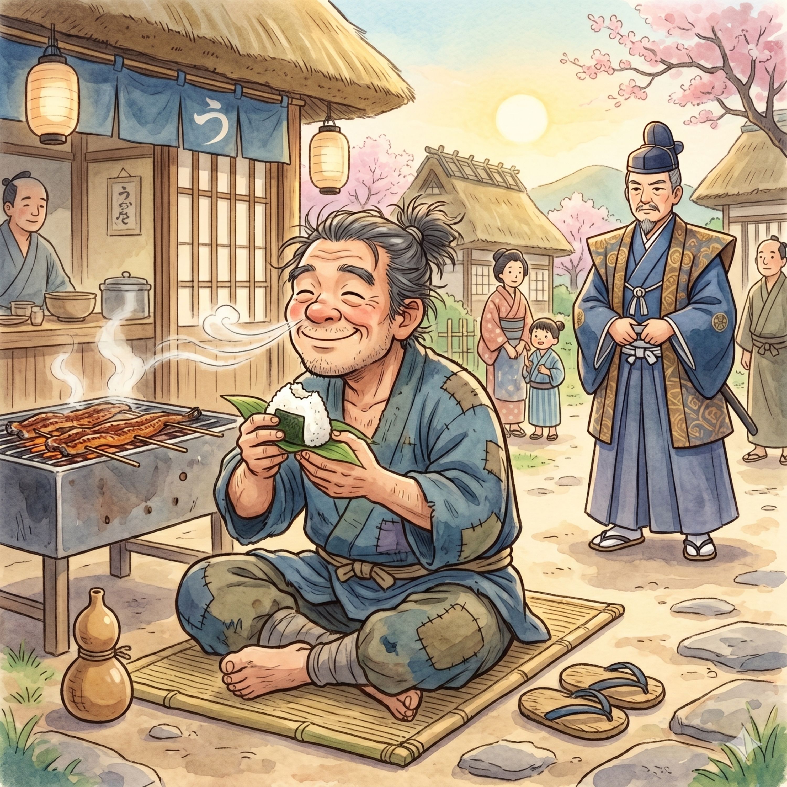 「においも銭（ぜん）のうち」　 ウナギの匂い代を取る店主にお奉行の裁きは・・・