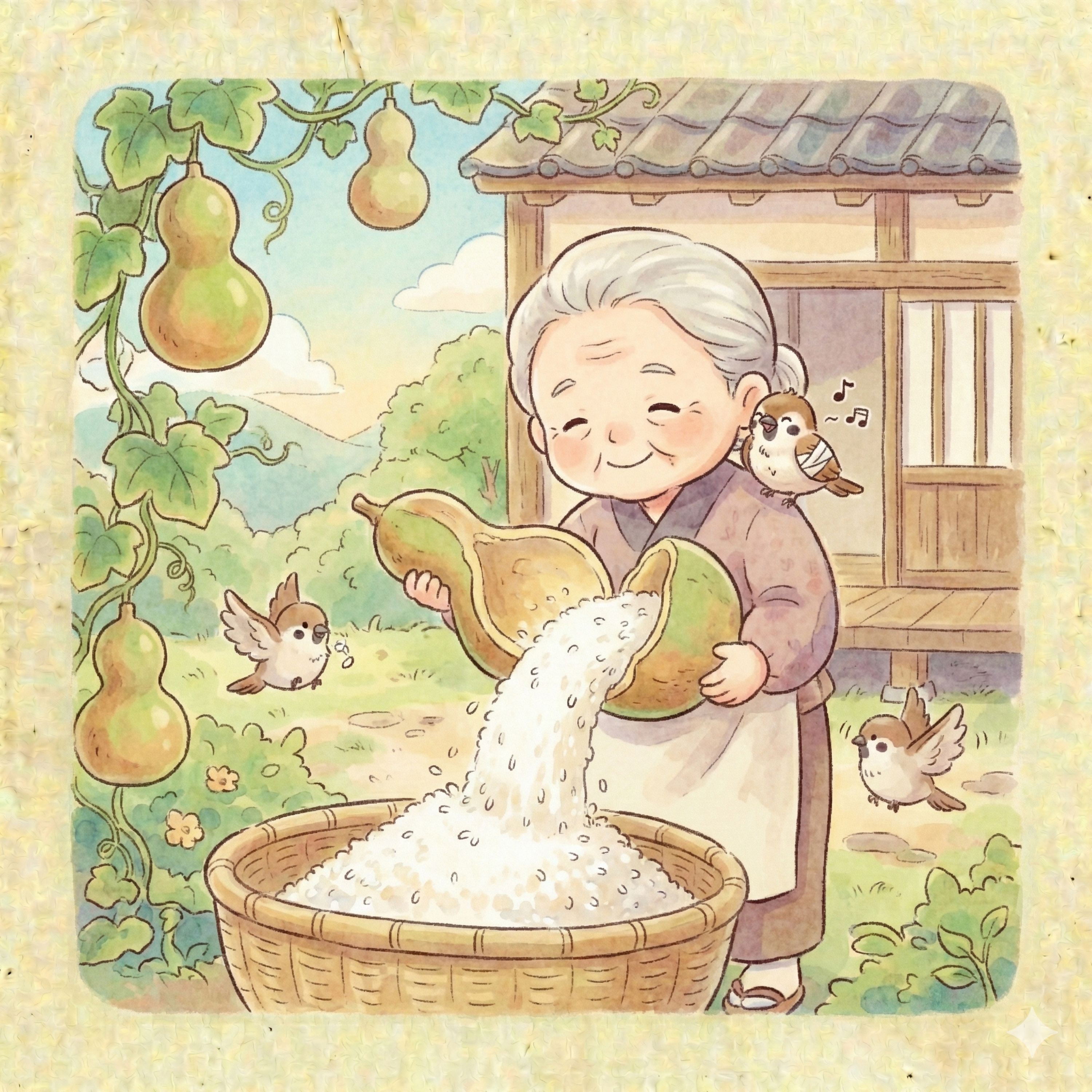 「雀の恩返し」一人暮らしの婆さんにケガした雀がお礼に運んだのは… episode artwork