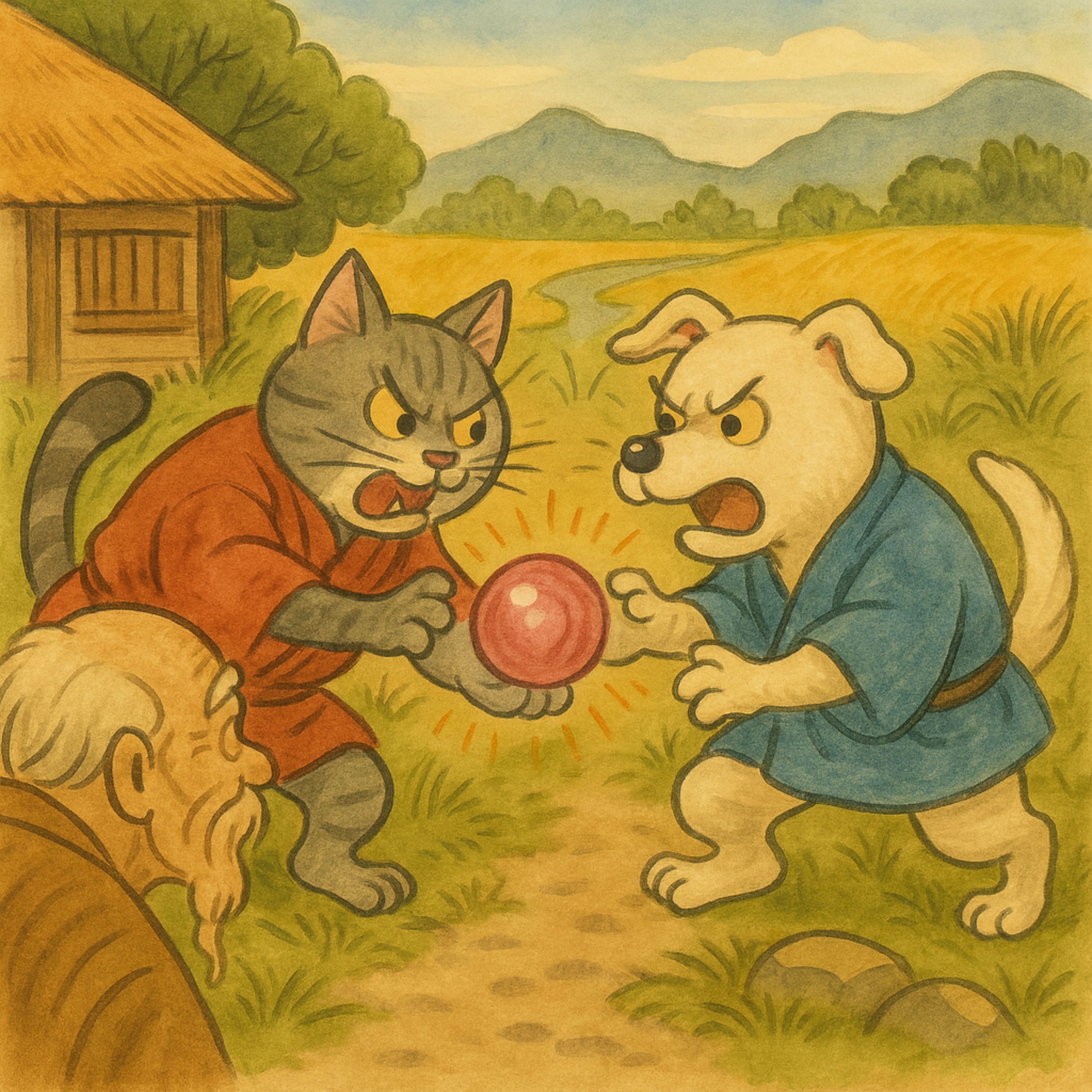 「猫と犬が仲ん悪なった訳」　仲良しだった猫と犬だが宝の玉をめぐり仲違い…