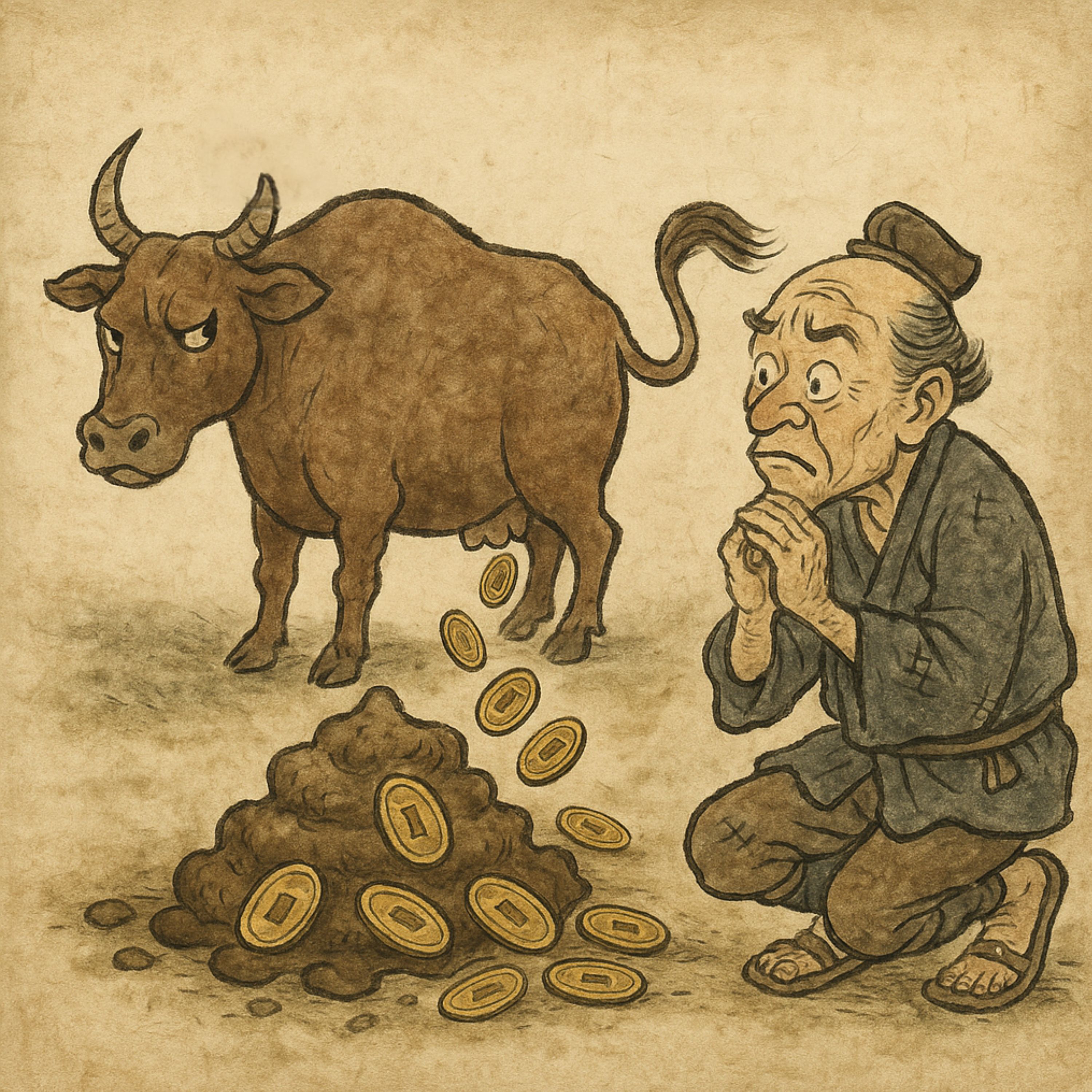 「大判小判のクソばひる牛」　ケチな庄屋がウンチと小判を出す牛を買うと…