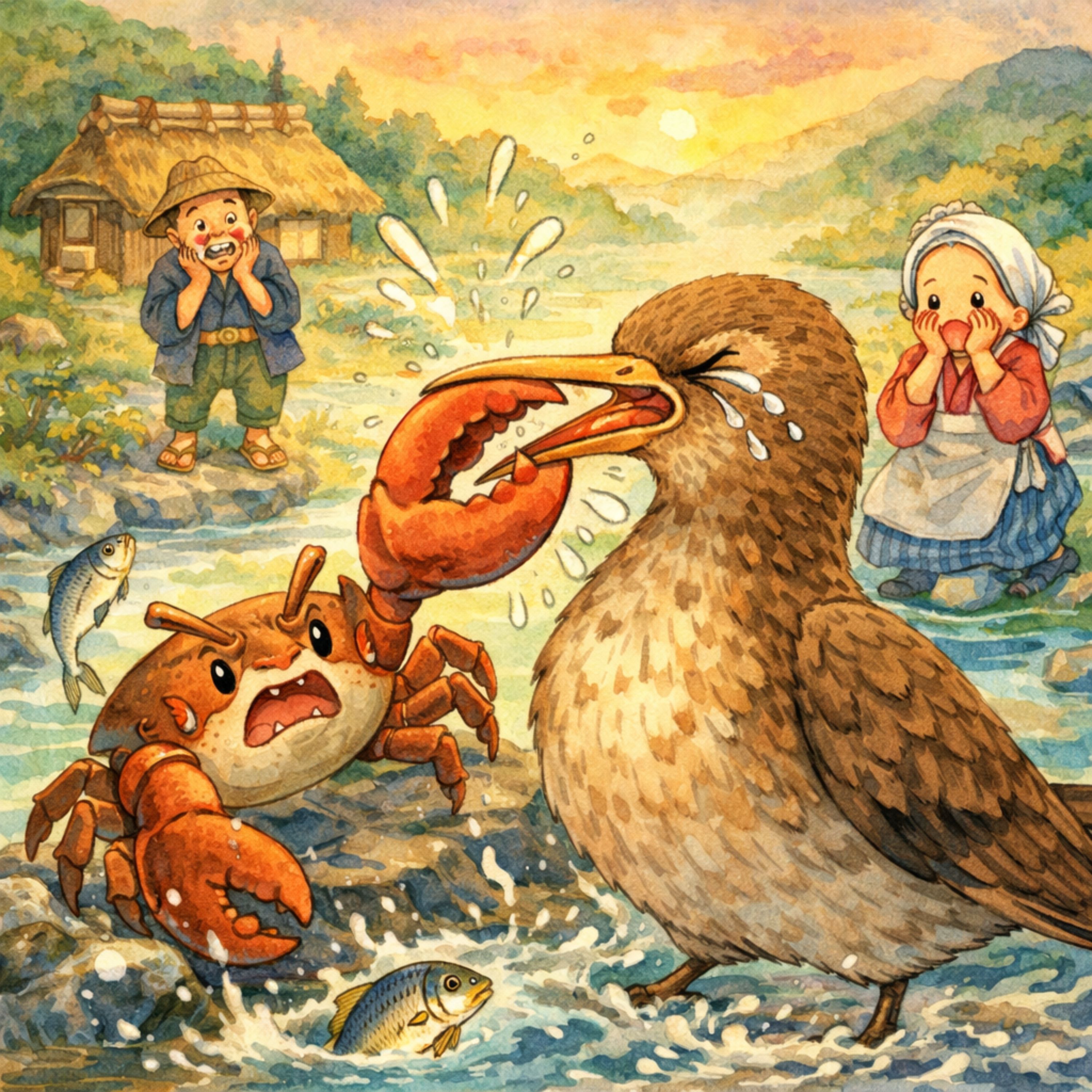 「きゃっぐりのウソ(きゃっぐり=水の中の魚を食う鳥」　魚を獲るのが面倒なきゃっぐりがついた嘘にカニが気づき成敗！