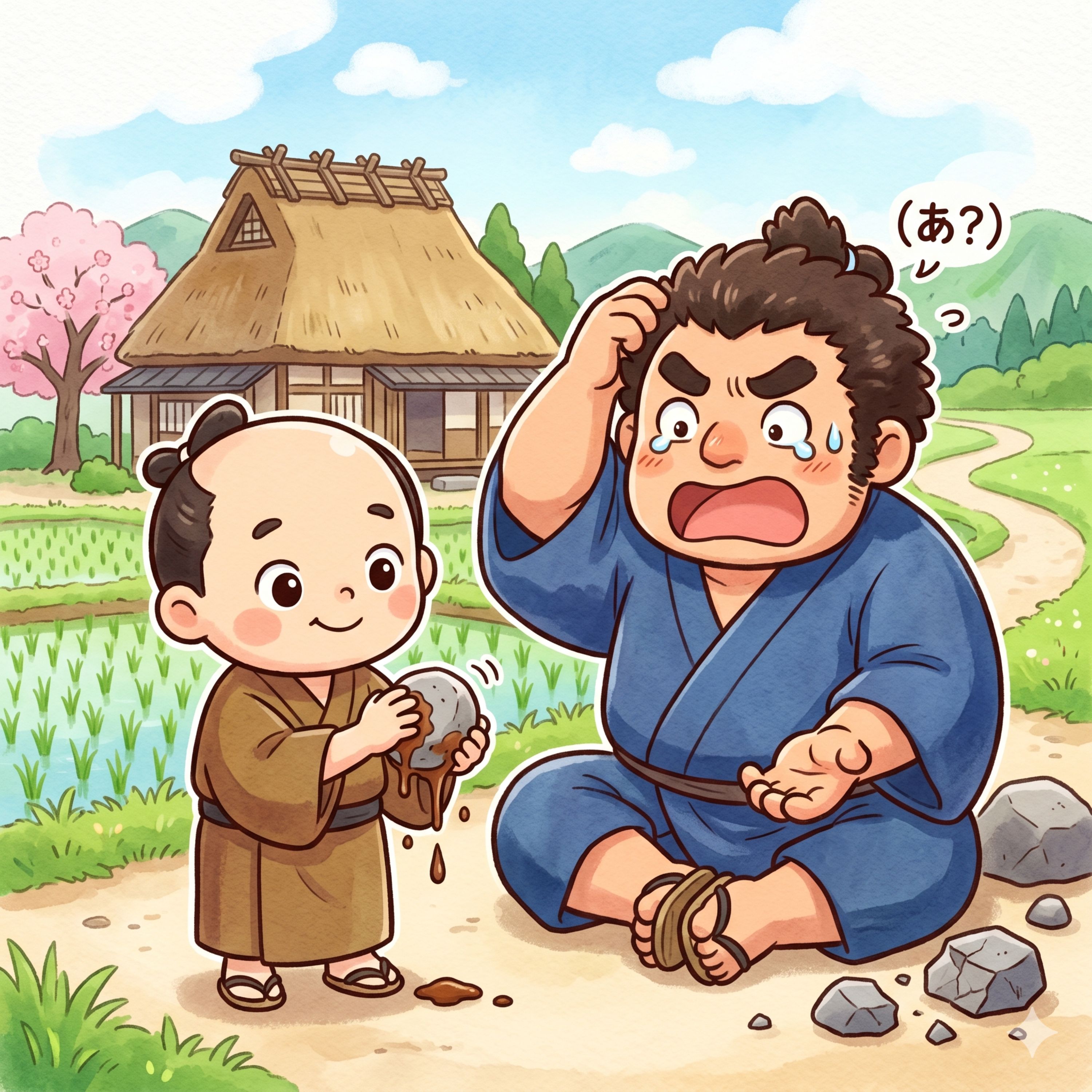 「石から汁（しゅる）ん出た」　 頭と力が反比例の2人。力くらべの勝者はどっち？